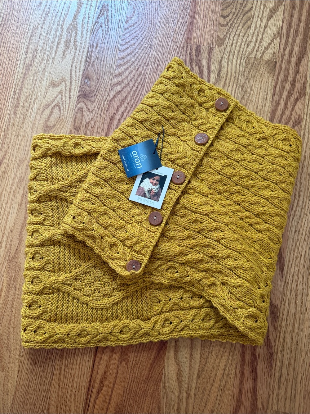 Aran Crafts Mustard Yellow Cable Knit Button Celtic Infinity Scarf